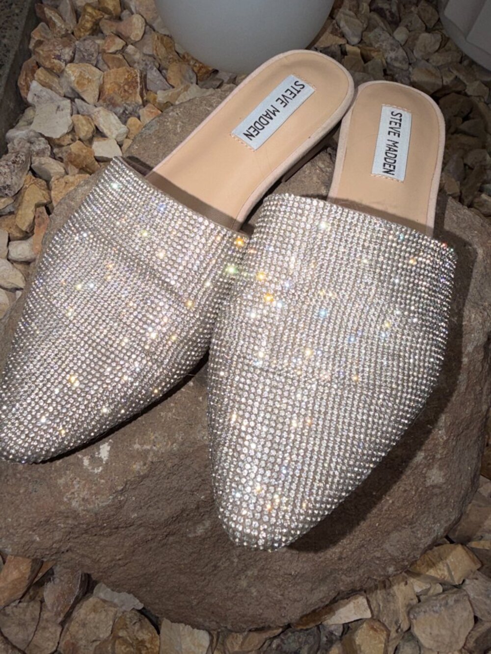 Sparkling Steve Madden Crystal Silver/Nude Pointed Slide Slip-on Mules